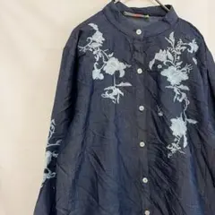 Lollypop 花柄刺繍入り長袖シャツ　ロング丈チュニック　デニム風　古着