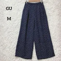 GU ジーユー ワイドパンツ ドット柄 ネイビー M ウエストゴム ポケット付き