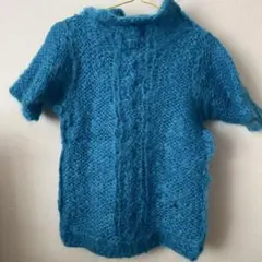 青い半袖ニット ケーブル編み