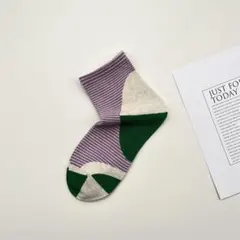 ストライプ カラーブロック パープル グリーン ソックス クルー 靴下 1110