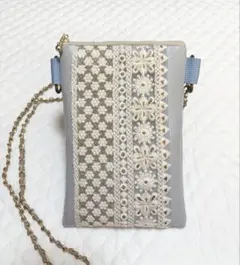 ハンドメイド　インド刺繍リボン　スマホポーチ　合皮　サコッシュ　ポシェット