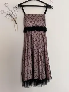 結婚式 パーティードレス ピンク×ブラック レース クリーニング済み