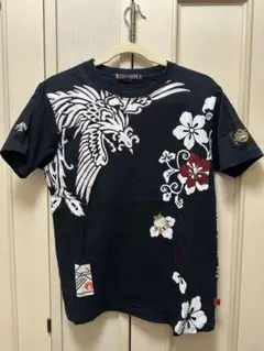 美品参丸一　ドラゴンと花柄の刺繍Tシャツ 黒