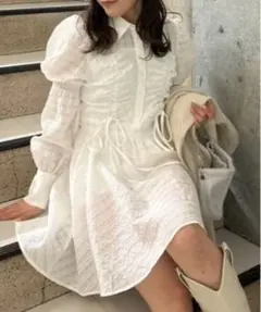 riendaフロントシャーリングリボンミニシャツフレアワンピース