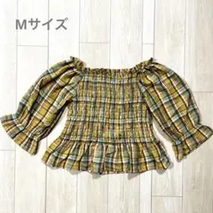 【2度着用】2way チェック柄オフショルダーシャーリングブラウス Mサイズ