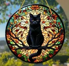 猫の壁掛け　ステンドグラス風　月明かりの猫　猫の雑貨　HANAKO