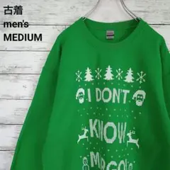 古着 GILDAN ギルダン スウェット 冬 ドット絵 クリスマス 裏起毛 緑M