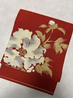 正絹綴れ京袋帯　赤金白グレー銀　牡丹