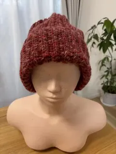 リブ編みニット帽 赤系