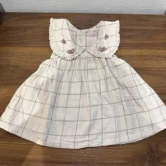 プティマイン ワンピース 刺繍 チェック 丸襟 半袖 ノースリーブ 80 フリル