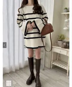 ボーダー柄スリットスリーブニットミニワンピース