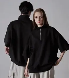 ハーフジップデザイン　半袖プルオーバーtシャツ Mサイズ clel ブラック