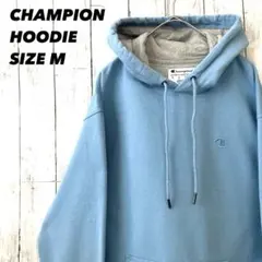 チャンピオン　ワンポイント刺繍ロゴスエットパーカー　サイズMブルー　アメリカ古着