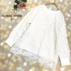 GLOBAL WORK 総レーストップスアイボリー L 裏地付き 長袖ブラウス風