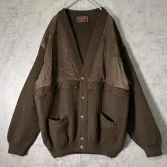 極上 イタリア製 ニット レザー 切替 カーディガン 茶色 ヴィンテージ