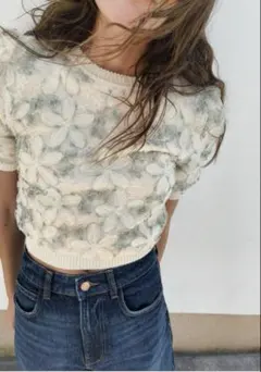 【新品未使用タグ付】ZARA　スパンコール刺繍入り異素材ニットトップス
