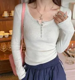 SHEIN ソリッドカラーニット 長袖トップtシャツ グレー ホワイト M