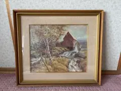 水車小屋の油彩画 秋の風景　赤い小屋