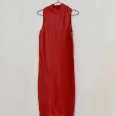 【XL】ノースリーブ リブ編み ロングワンピース 赤レッド ワンピース 可愛い