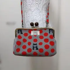 エチノ生地ドット猫柄　オリジナルハンドメイド　がま口ショルダーバック
