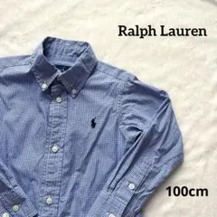 ラルフローレン 3T 100cm 長袖シャツ チェック ブルー ポニー刺繍 青