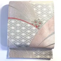 5k1535 袋帯　絹　唐織　白　銀色　ピンク　柄物　和装