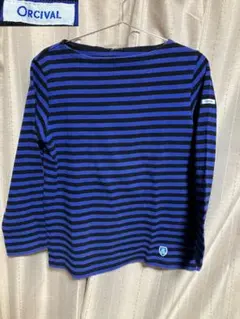 美品 オーシバル フランス製 7部丈 ストライプ ボートネック シャツ 紺黒 Sのサムネイル