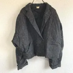 ショート丈 ジャケット ノーカラー ダブルボタン ツイード風 ブラック系