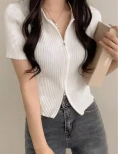 SHEIN カジュアル 半袖 ダブルジップ カーディガン 白 ホワイトYC’YC