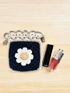 ハンドメイド かぎ針編み フラワーモチーフ巾着 コスメポーチ 小物入れ 手編み
