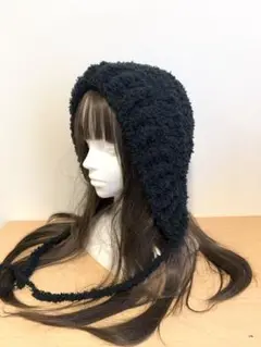 ボンネット　ニット帽　ハンドメイド　グランジ　y2k　ふわふわブラック