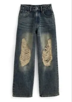 GRL ダメージセミワイドストレートデニムパンツ