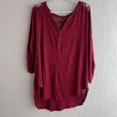 2X 大きいサイズ レース切替ヘンリーネックチュニック ボルドー【訳あり】