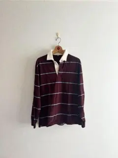 UNIQLO バーガンディ ストライプ ポロシャツ Mサイズ　赤ワイン色　長袖