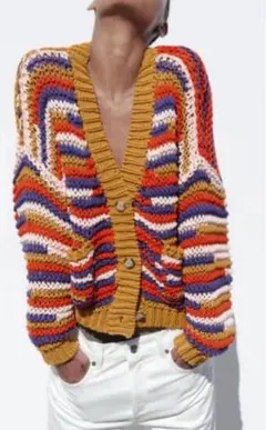 ZARA ストライプ ニットカーディガン　ポケット付き S-M ザラ