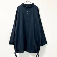ミズイロインド コットンギャザーネックシャツ プルオーバー ネイビー