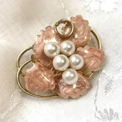 ヴィンテージブローチ パール真珠 七宝焼 花 アンティークゴールド ピンク②