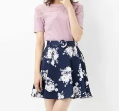フラワープリント フレアミニスカート ネイビー