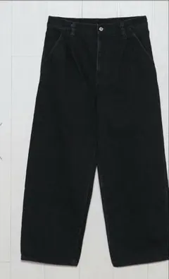 <H>ブラックデニム 1プリーツ バギーパンツ