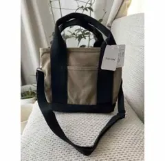 ミニトートバッグ 帆布 トートバッグ 2way 3つ仕切り ベージュxブラック