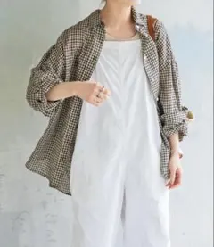 美品 パラスパレス 格子柄 ビッグチェック リネン チュニックシャツ