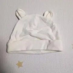 くまの耳付きホワイト帽子　新生児から