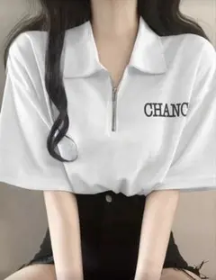 SHEIN DAZY ハーフジップ ポロカラー 半袖 Tシャツ ホワイト