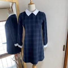 ハンドメイドネイビー系チェック 長袖ミニワンピース