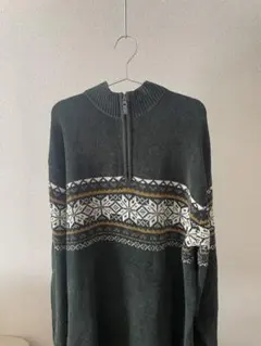 ダークグリーン ジップアップ ニットセーター