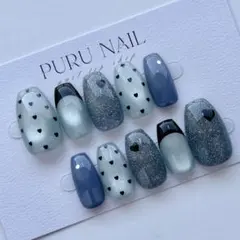 437現品◾️バレンタイン×マグネット️×ハート×フレンチ×ブルー黒◾️ネイルチップ