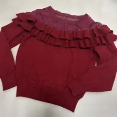 フリル　ワインレッド　赤ニット フリーサイズ