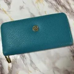 【美品】牛革ターコイズ 長財布 金色ロゴ付き