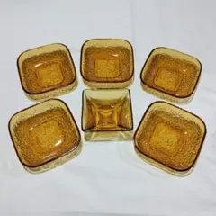 アンバー色 ガラス 角皿6個セット 花柄 四角 レトロ アンティーク