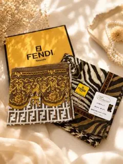 美品 FENDI フェンディ 大判ハンカチ スカーフ セット ブラウン系